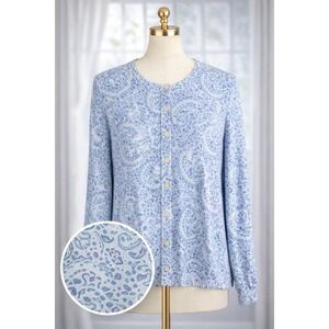 LL Bean 100% Supima Cotton Cardigan Lightweight Blue Paisley Full Button Size S
